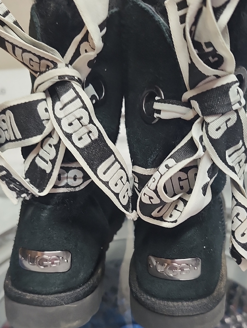 UGG Black Suede Lace-Up Logo Ribbon Boots